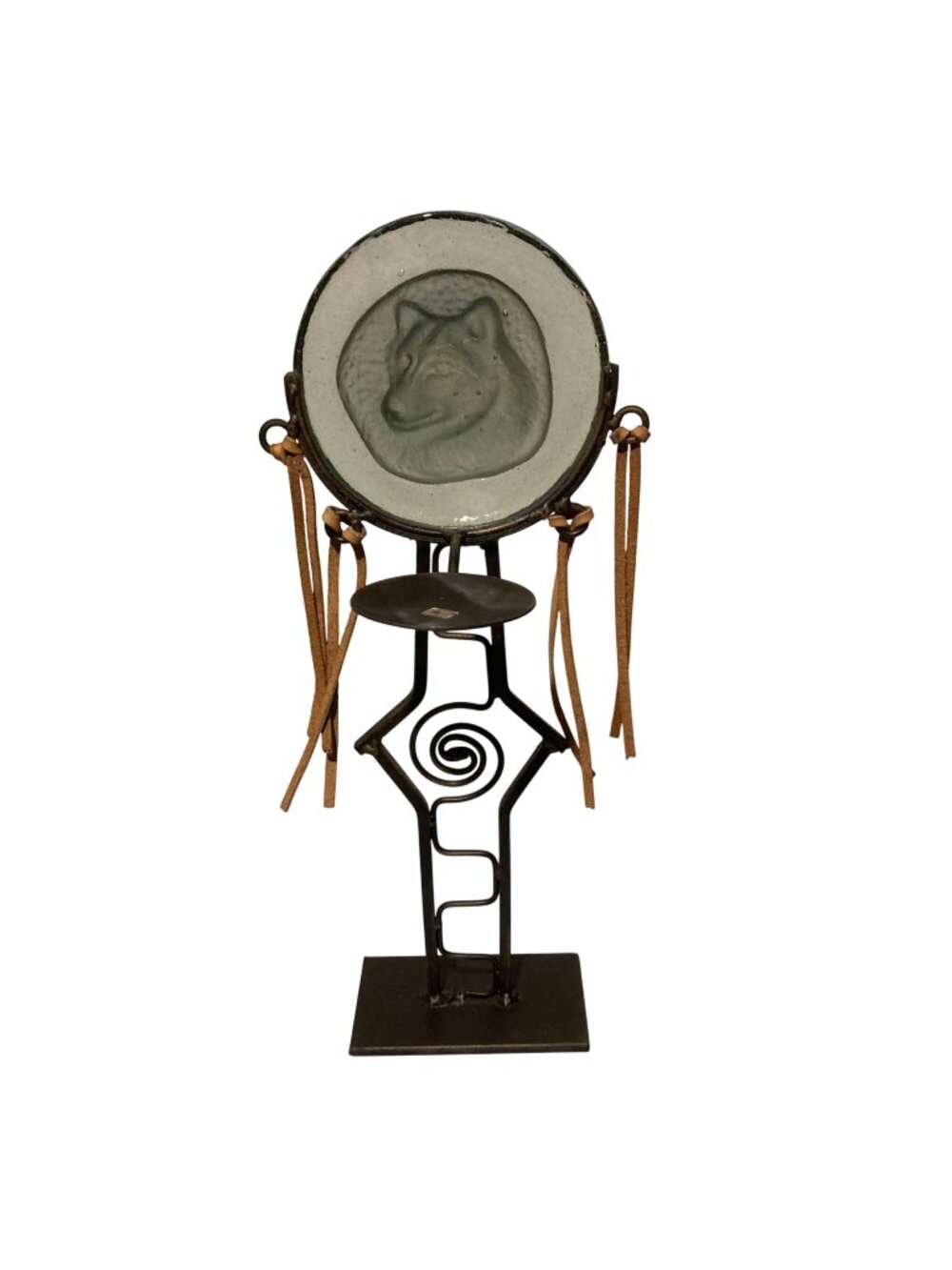 Native American Inspired Wolf Embossed Glass And Welded Metal Candle Holder